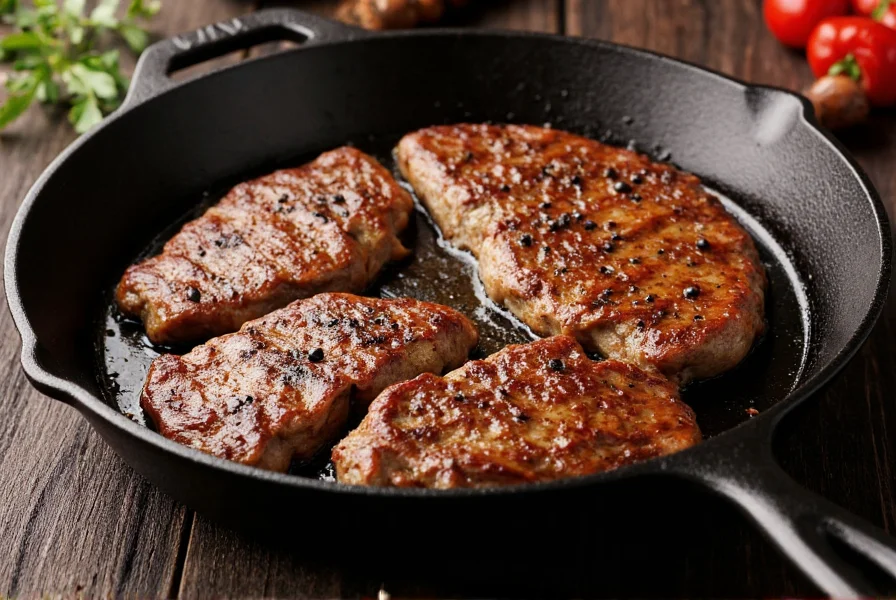 Sizzling pepper steak served in a cast iron skillet with visible cracked black pepper