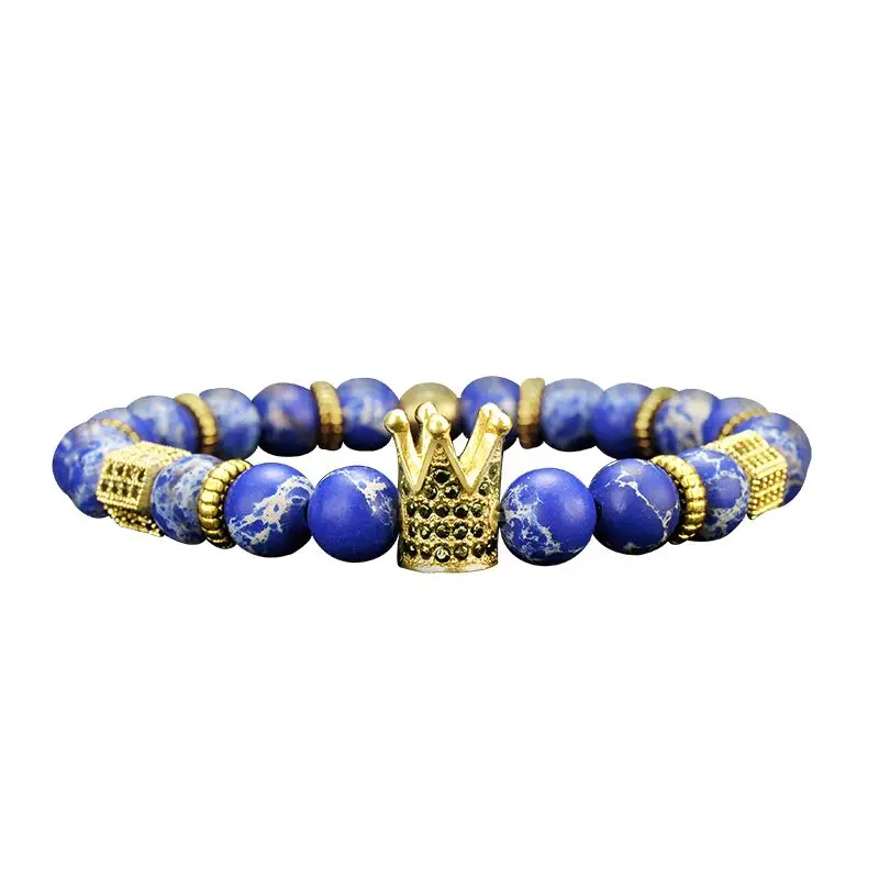 

F181 Imperial Jasper Light Blue Natural Beads Charms King Beaded Gold Male Jewelry Men Gemstone Crown Bead Bracelet For Gifts