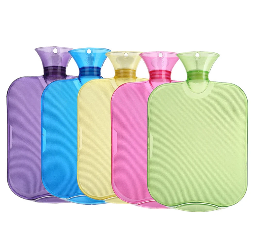 

Wholesale high-density PVC thickened explosion-proof Transparent water injection hot water bottle bag with knit cover, Blue ,purple .yellow.light green.roes