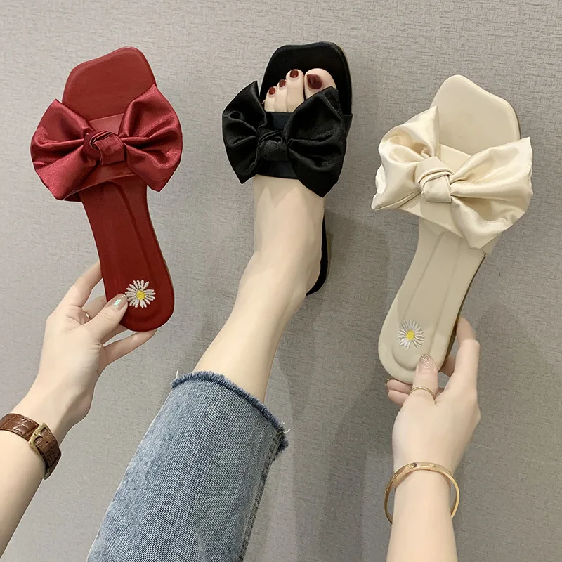 

PDEP new style sandals female outdoor flat-bottomed daisies 2021 summer bow seaside beach slippers jelly sandals shoes, Red,white,black