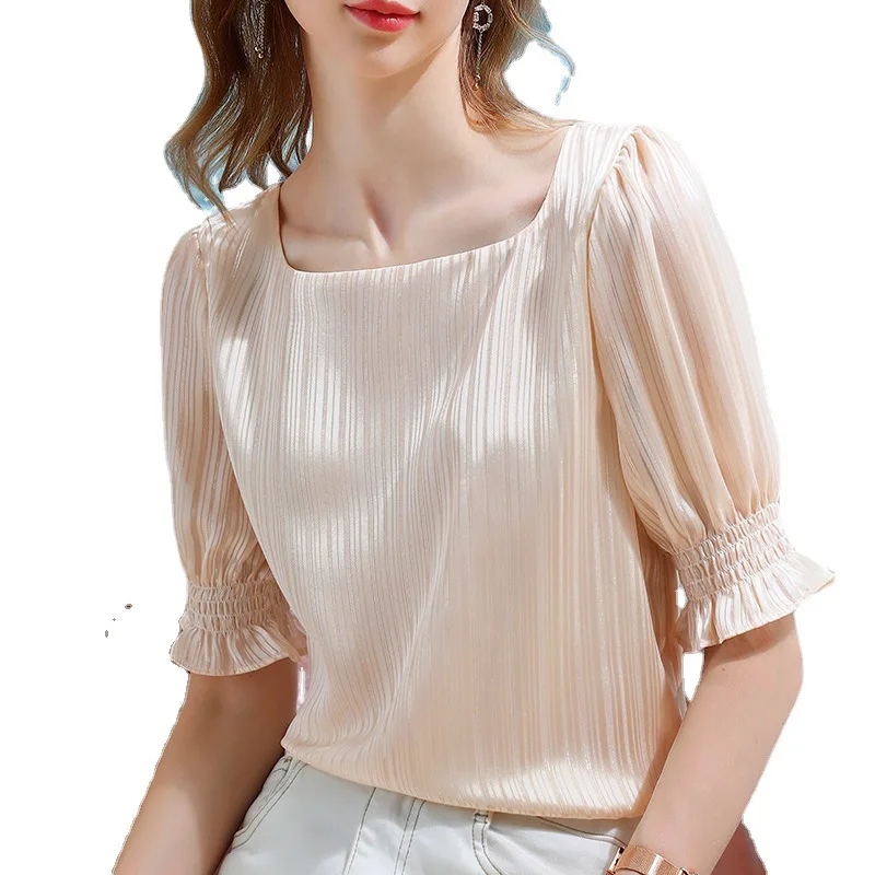 

Chiffon shirt women Shining silk temperament Women's sleeve t-shirt Clavicle square collar Solid color shirt