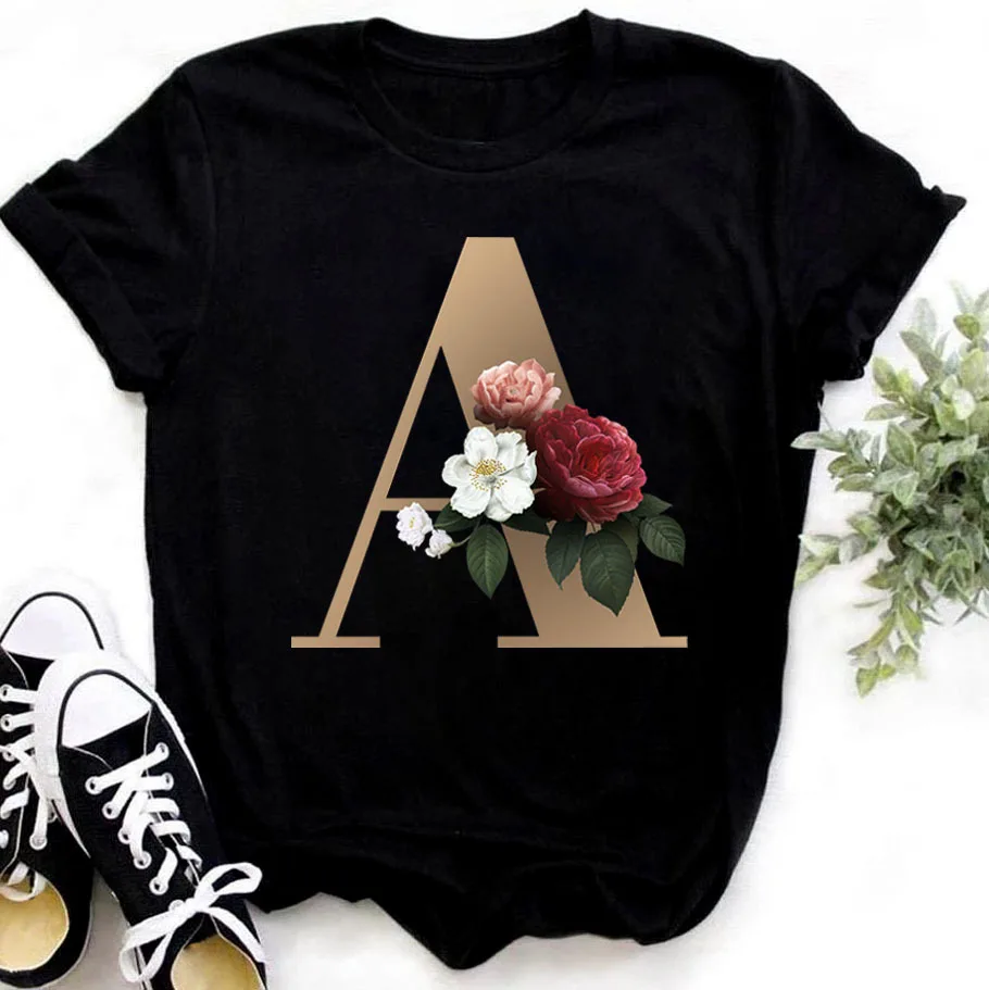 Custom Name Letter Combination Fashion Women T-shirt Casual Black Short Sleeve Tops Flower Letter Font B C D E F G Print Logo