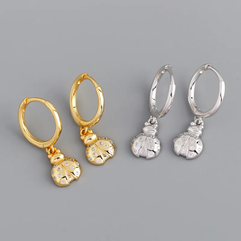 ZHILIAN 925 Sterling Silver Enamel Cute Ladybug Hoop Earrings Chafer Drop Huggies Earrings