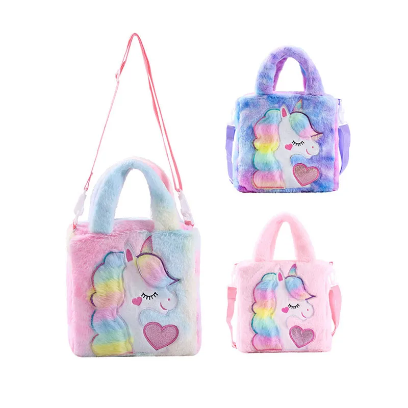 

RTS colorful soft fleece unicorn embroidery kids handbag fashion purse cute girls bags, As picture show