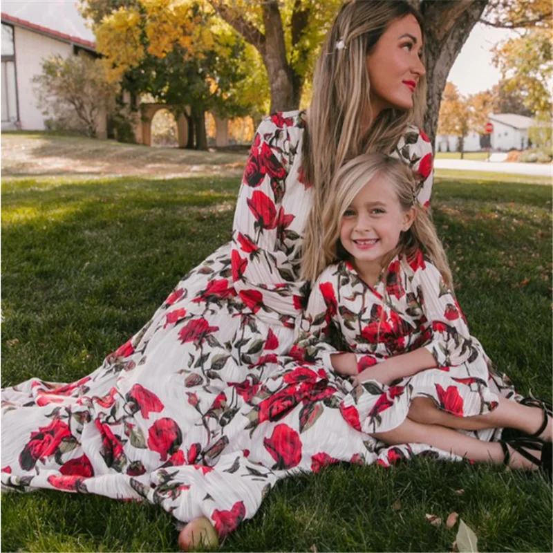 

Family matching clothing mother daughter long sleeve floor length maxi dress floral dresses for mom and me, Rose floral.same as pictures