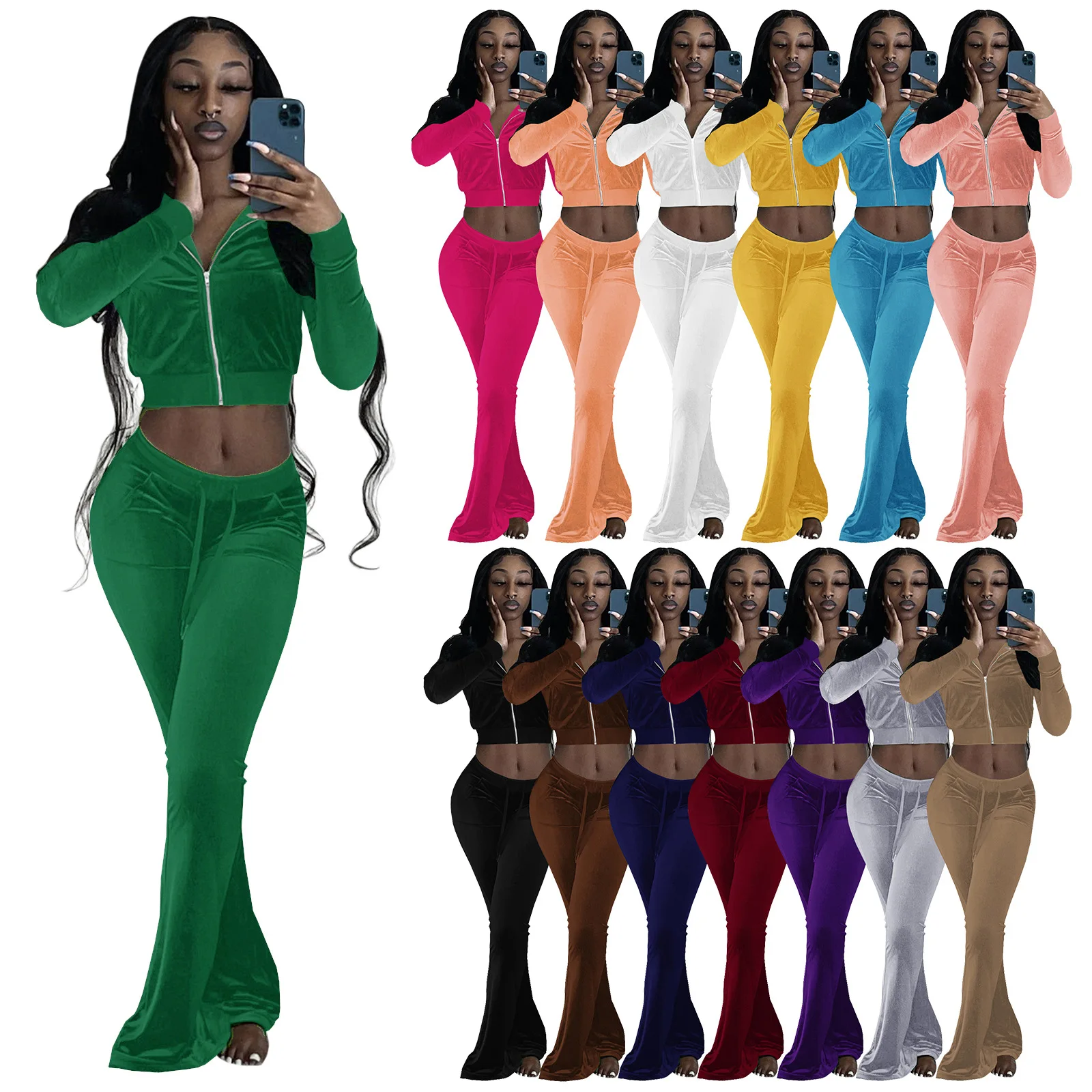 

2021 Fall Winter Clothes Velour Sweatsuit Women Velvet Tracksuit Long Sleeve Pants Suit Velvet 2 Piece Set