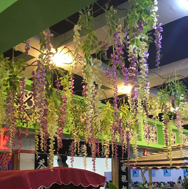 Cheap Decorative Plastic Vine Long Stem Silk White Wisteria Flowers