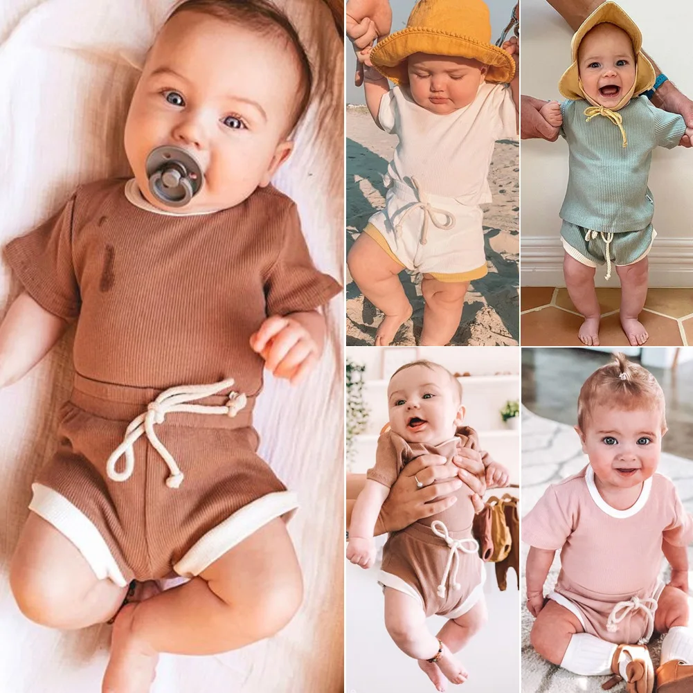 

2020 Baby Summer Clothing Infant Baby Girl Boy Clothes Short Sleeve Tops T-shirt+Shorts Pants Ribbed Solid Outfits, As picture