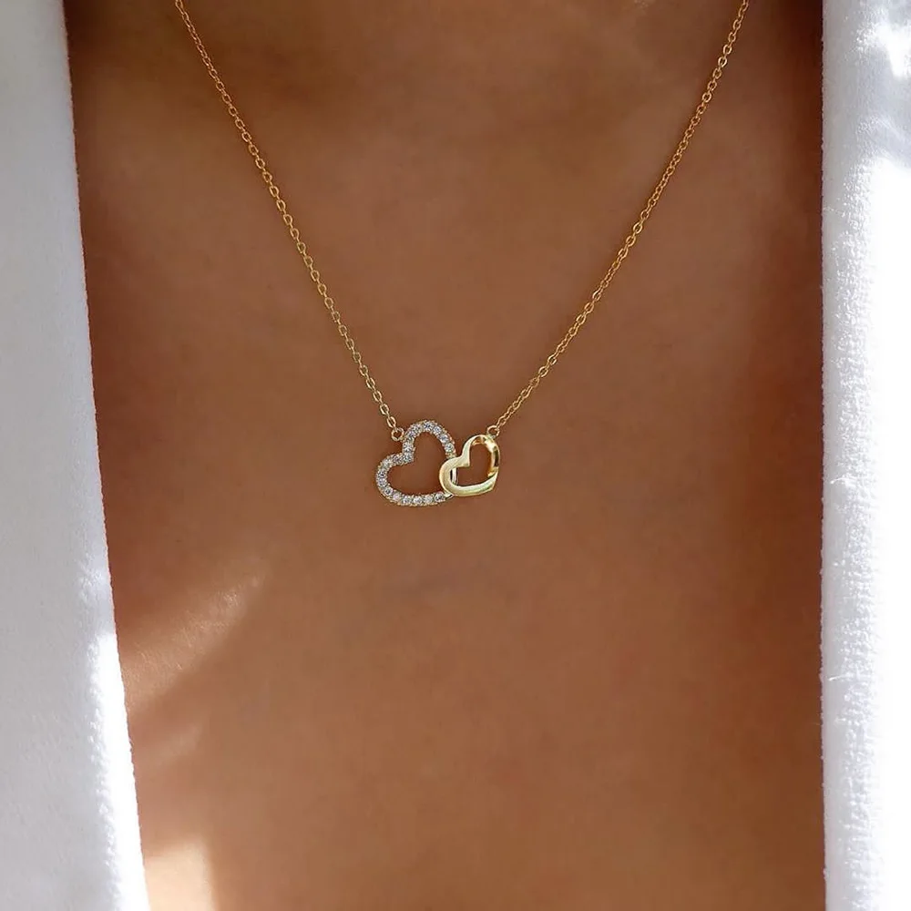 

Wholesale Fashion Couple Diamond Double Heart Pendant Necklace Jewelry For Women