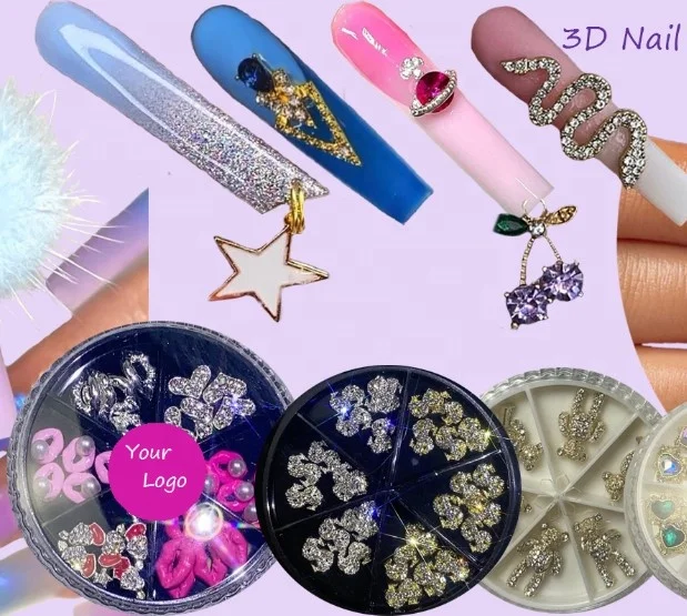 

Custom Box Bear Metal 3D Nail Charms Zircon Luxury Brand Name Designer Logo Nail Art Rhinestone Decoration Nail Kawaii Charms, Photo