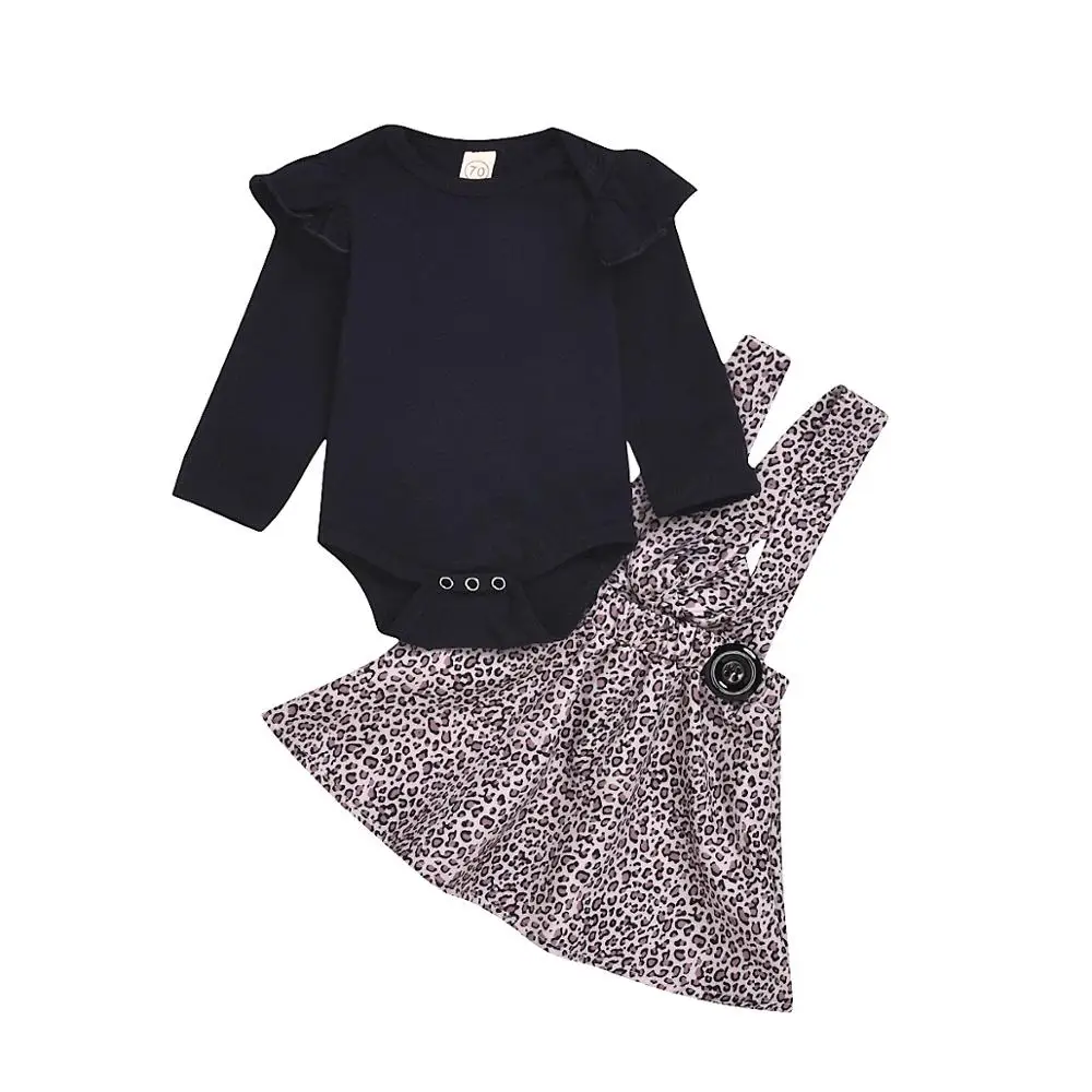 

Solid color round neck small flying sleeves leopard print skirt spring two-piece infant toddlers newborn girl baby clothing sets