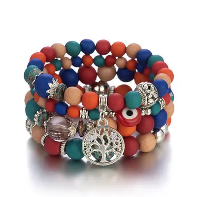 

Boho Newest Colorful Natural Stone Beaded Evil Eyes Charm Bracelet Set Yoga Healing Beads Tree Of Life Bracelet Set For Women