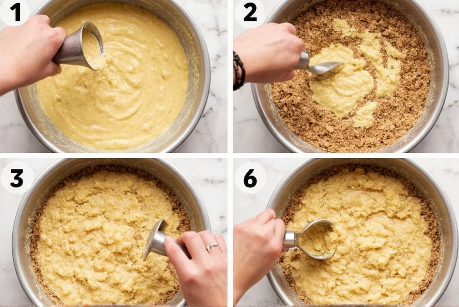 Step-by-step photos showing proper technique for layering streusel topping in cinnamon bread batter