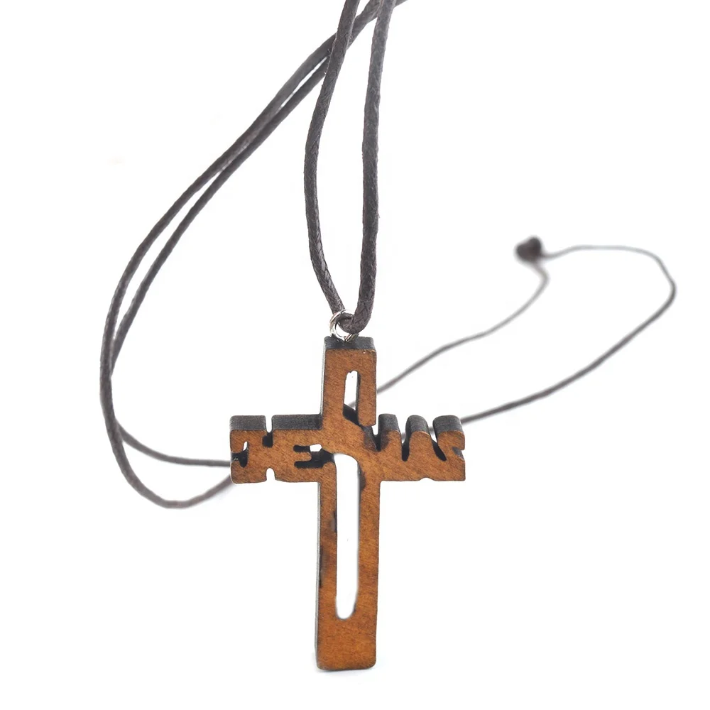 

Wholesale cheap wood Jesus carved cross rosary necklace Wooden Crucifix Cord Rosary, Brown
