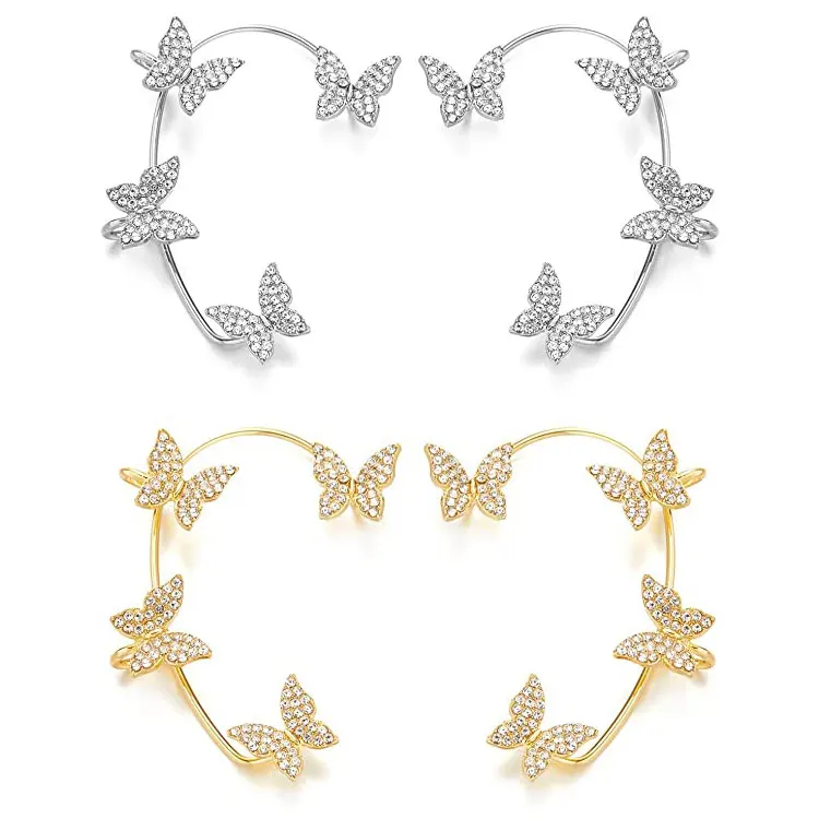

SC Dropshipping No Pierced Hanging Butterfly Earrings Ear Clip 2022 New Fairy Sparkling Zircon Butterfly Ear Cuff Earrings Women, Silver, gold, rose gold