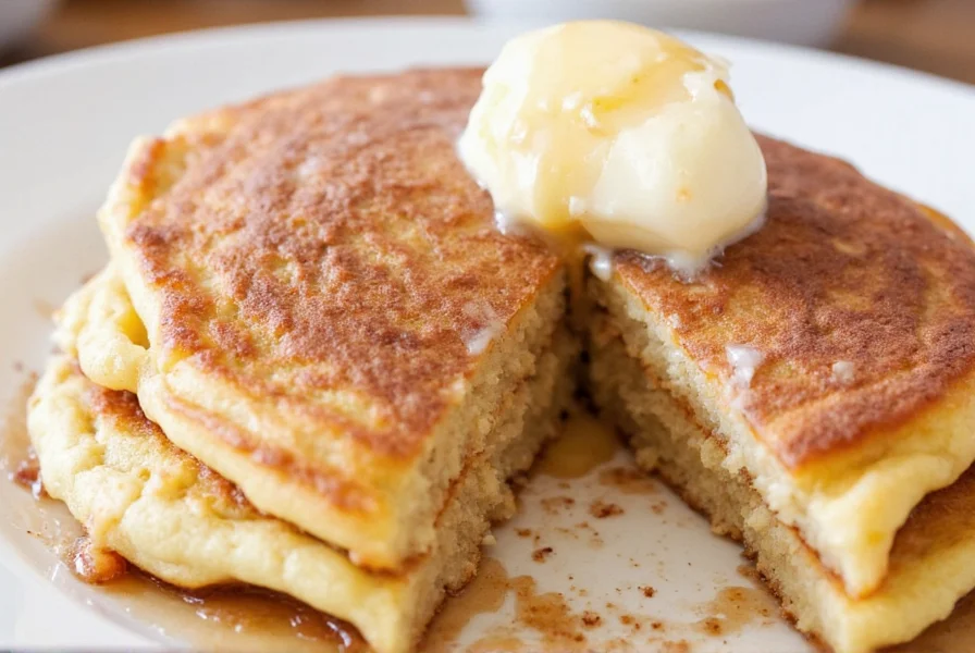 Step-by-step preparation of cinnamon roll pancakes showing batter pouring and cinnamon swirl formation