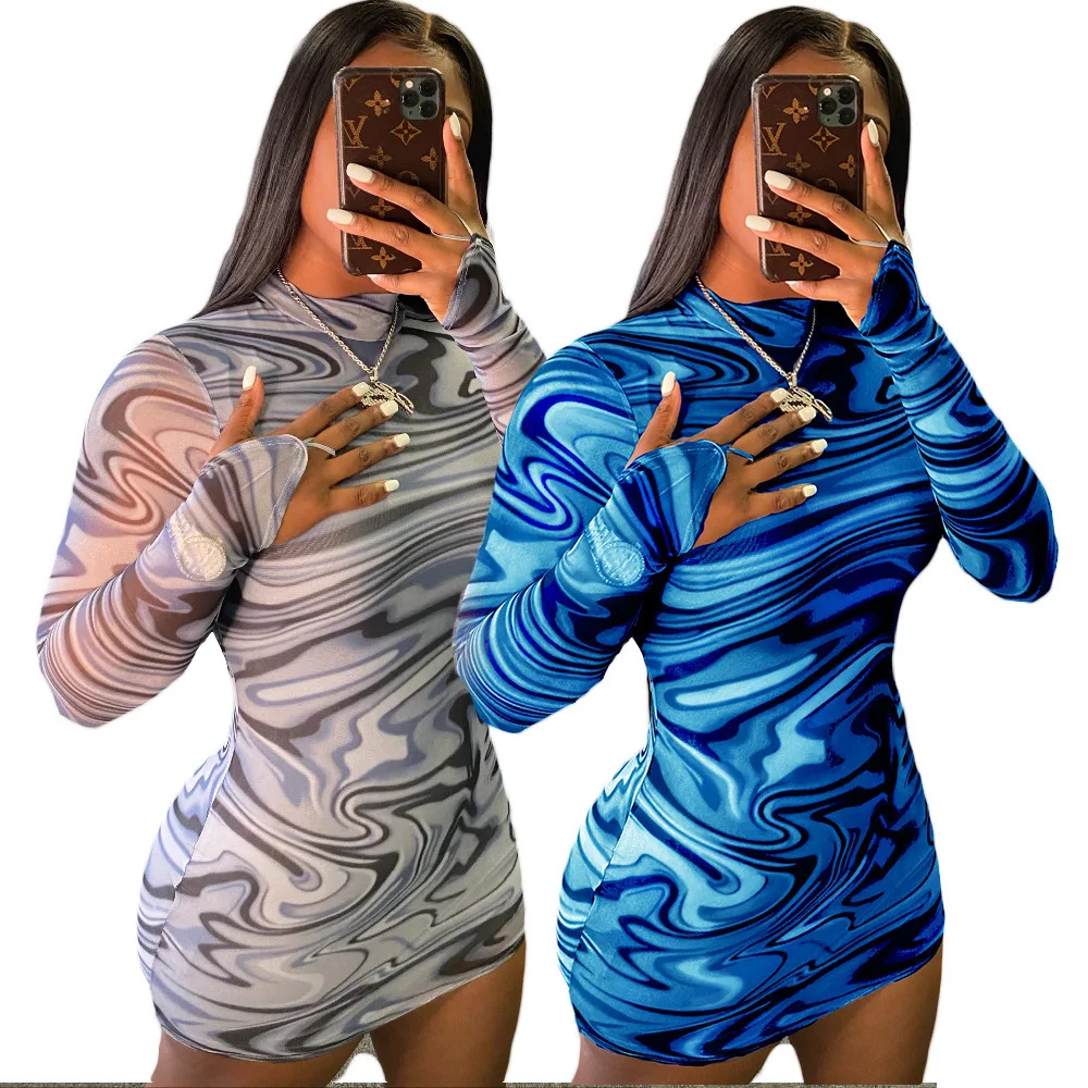 

Fashion Digital Print Mock Neck Sexy Mini Dresses Long Sleeve Bodycon Dress Women Clothes 2021, As picture or customized make