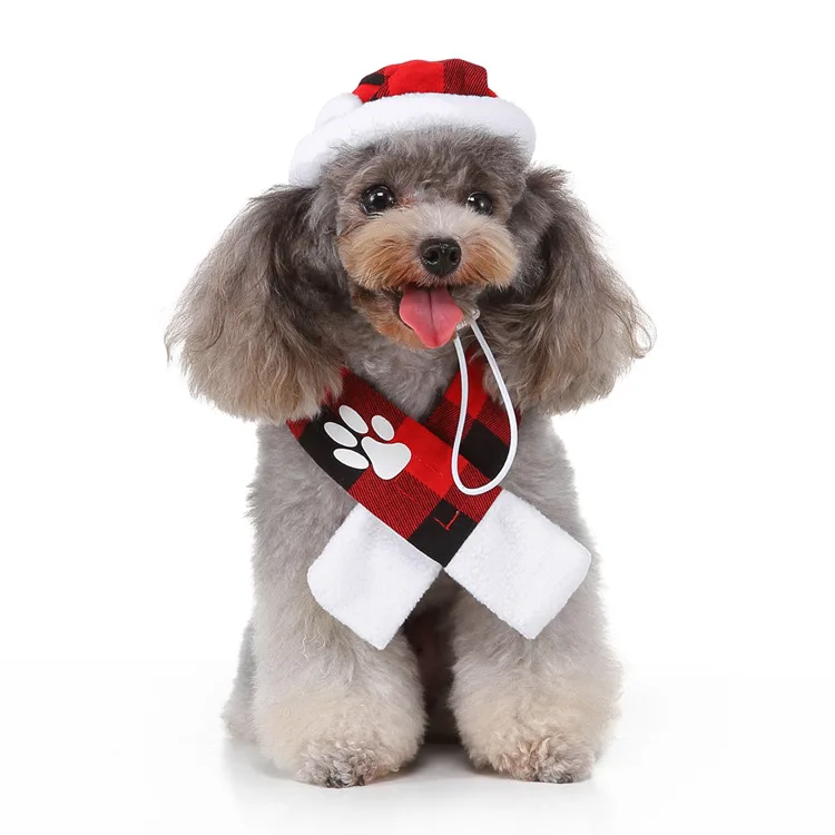 

Wholesale Pet Supplies Winter Warm Red Plaid Christmas Pet Scarf and Hat, As picture