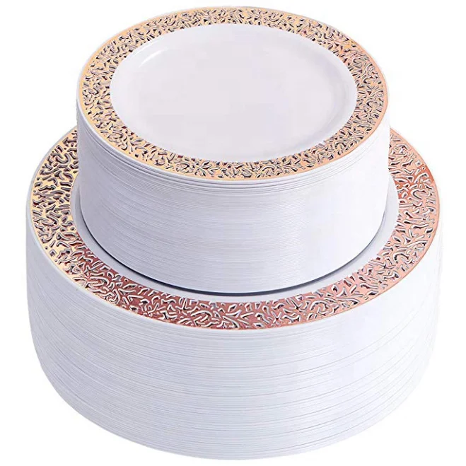 

120 Pieces Rose Gold Plastic Disposable Salad Plates and Dinner Plates