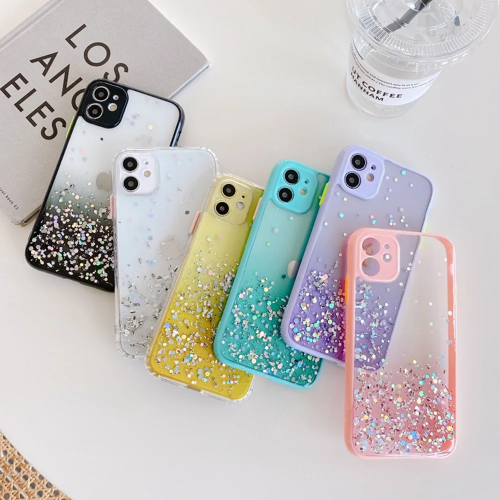 

Candy Color Gradient Glitter Crystal Phone Cases For iphone 12 11 Pro Max XR X XS 7 8 Plus Shiny Sequin Clear Cover