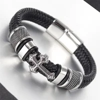 

Punk Style Stainless Steel Cross Magnet Clasp Braided Genuine Leather Bracelet Pulsera Acero Inoxidable Hombre