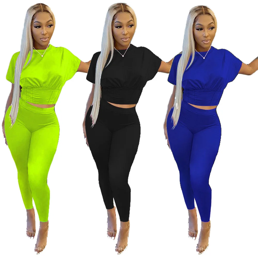 

Short Sleeve crop top casual solid color casual two piece pant suit Women Clothing 2021