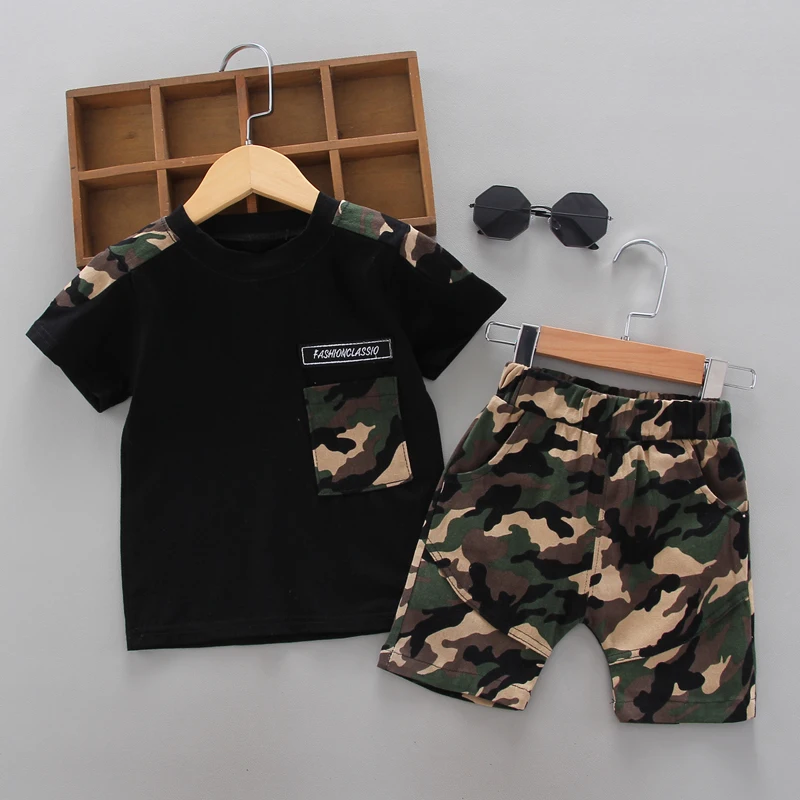 

wholesale summer baby boys clothes Two Piece cute camouflage casual kids wear print short-sleeve shorts boys clothing, Picture shows