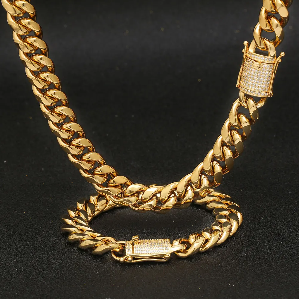 

NUOYA Hot Sale 12mm Stainless Steel Men Necklace 18k Miami Gold Plated Chain Cuban Link Necklace, Silver,gold
