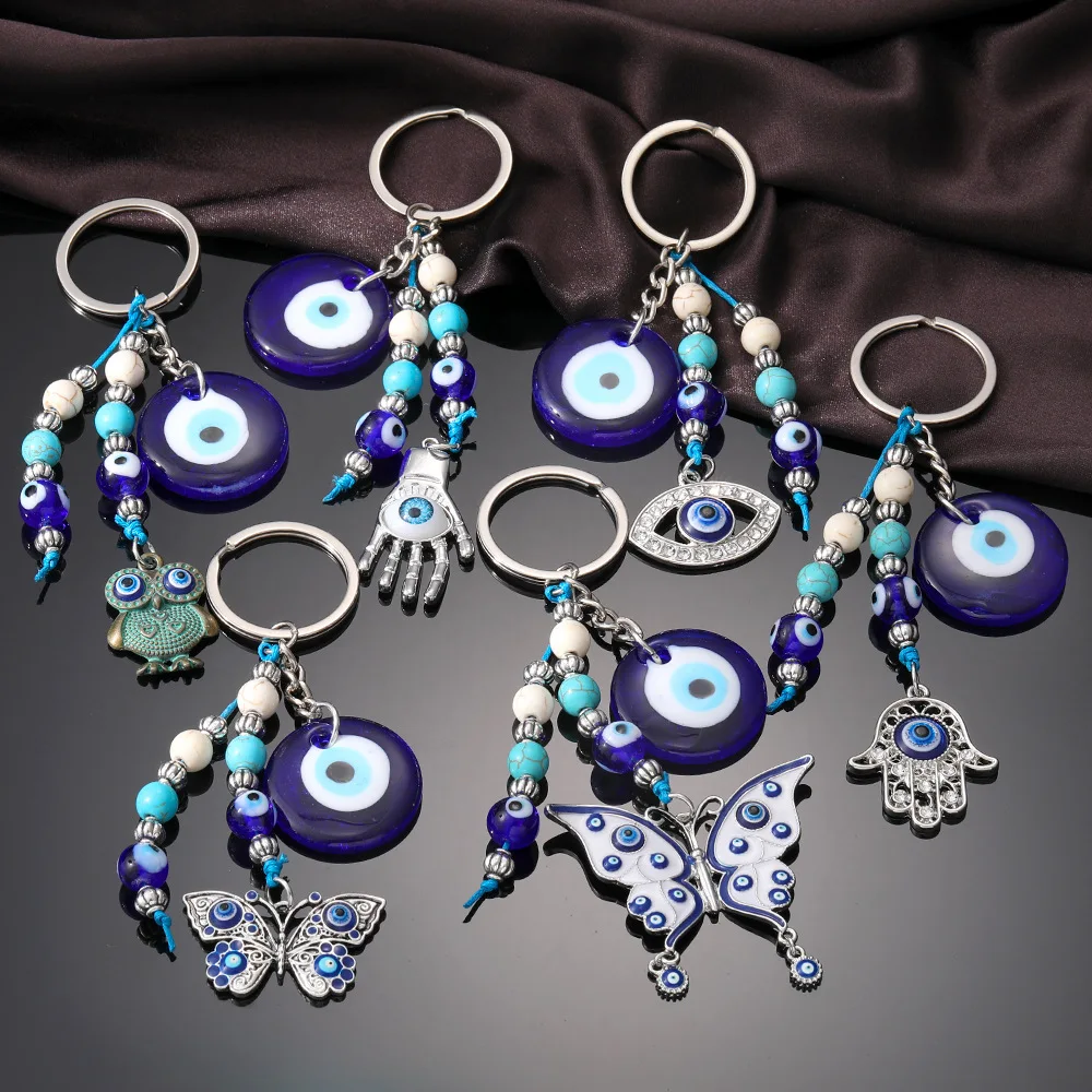 

Bohemia Round Beaded Chain Blue Butterfly Pendant Keychains Alloy Owl Charm Keychain For Bag