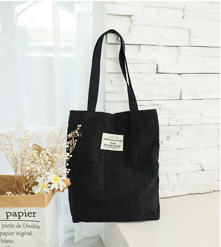 

Korean style literary custom canvas women's bag casual letter printing handbag net red fashion lace hollow bags wholesale, Black