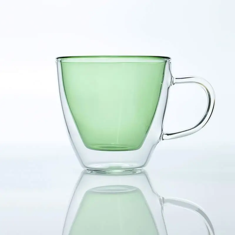 

Sell Well Best Quality fashion friendly double glass tea cup with handle, Light blue,green,yellow