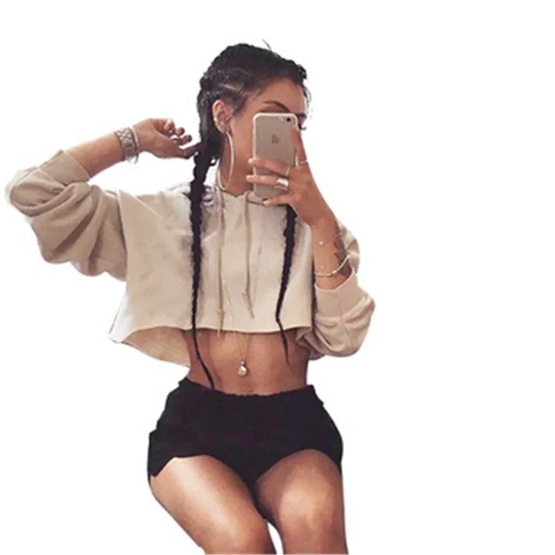 

Sexy Short Casual Hooded Sports Women Hoodies, Gray/black/apricot