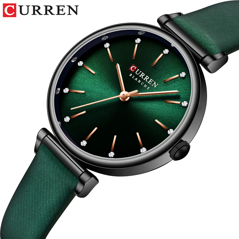 

2021 CURREN 9081 Brand Women Watches Fashion Rhinestones Dial Leather Bracelet Lady Wristwatch Retro Little Green Charming Watch, 8 colors as pictures