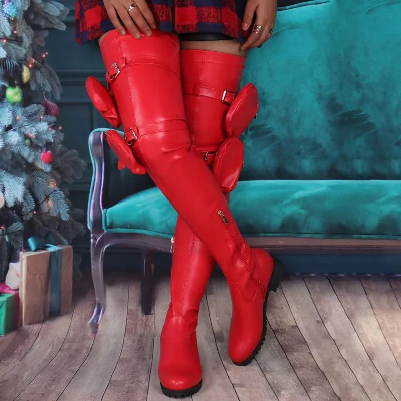 

Winter Flat over the Knee Boots Big Red Round Toe Buckle Pockets Ornament Stretch Thigh High Boots Shoes Women Size 47