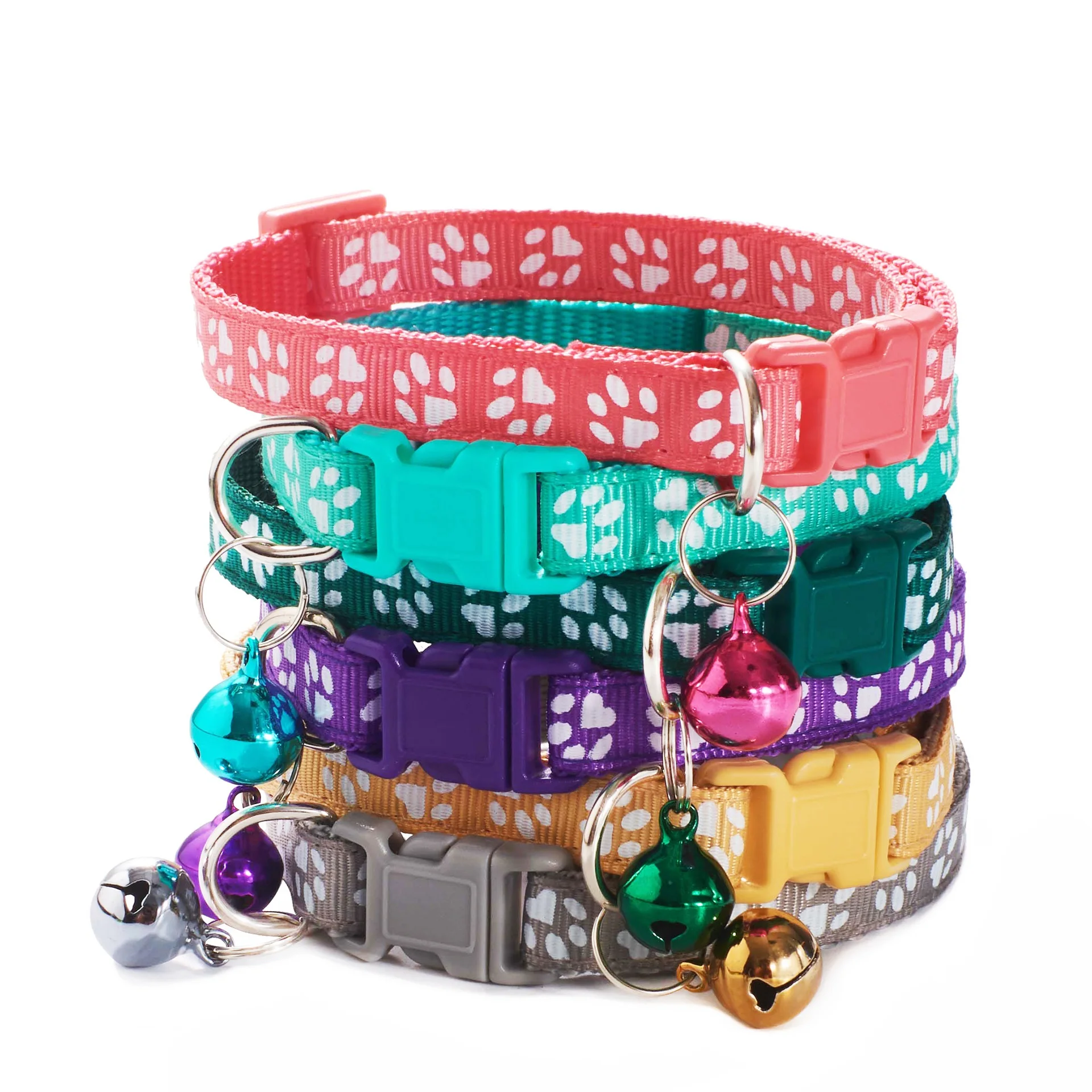 

PURAY Manufacturer Wholesale Multi-colors Paw Print Adjustable Nylon Cat Dog Collar with Bell, 19 colors