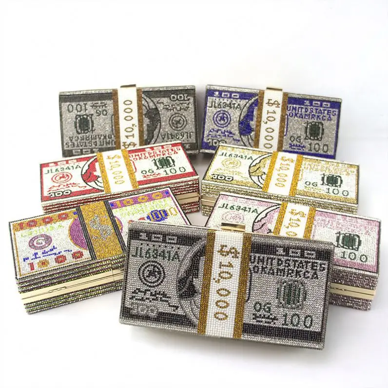 

2020 woman new design good quality evening bag european and american evening bag money rhinestone doller clutch bag, Yellow,red,blue,black,pink,colorful,gray,n black