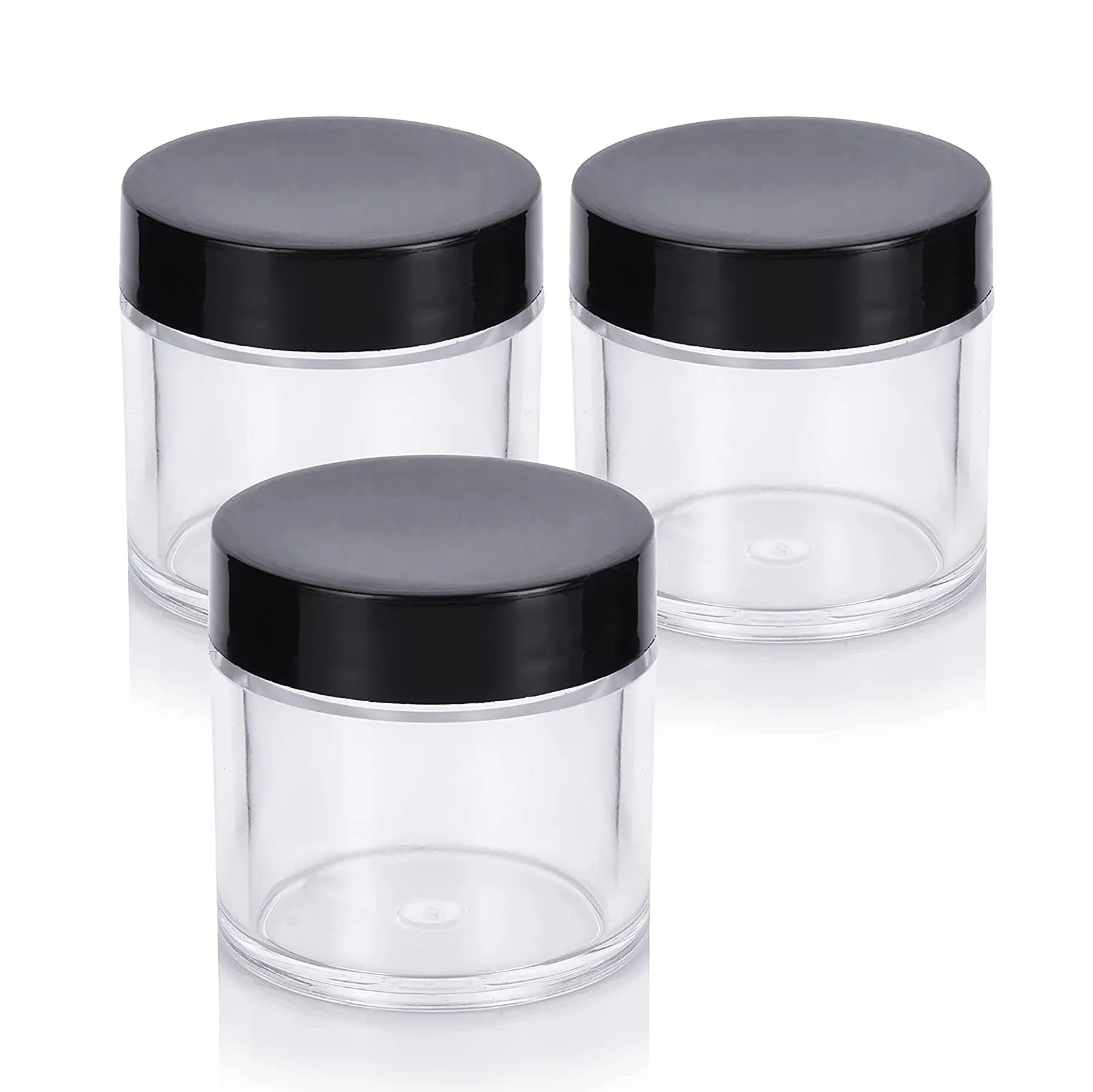 

1oz / 30ml thick wall travel refillable clear plastic cream pot container jar with black lid