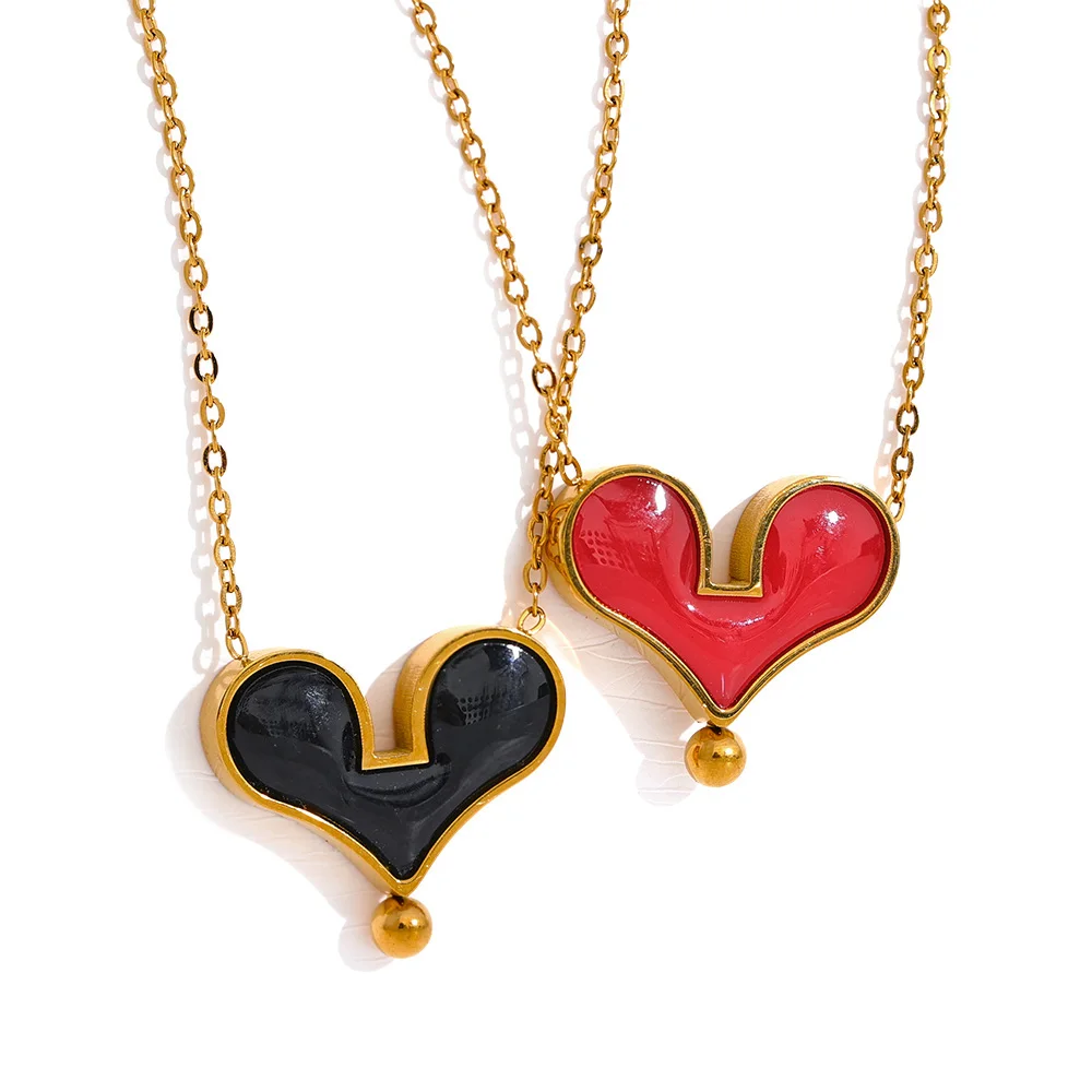 

JINYOU 011 Black Red Enamel Chic Heart Fashion Pendant Necklace Stainless Steel Jewelry High Quality Waterproof Sweet Romantic