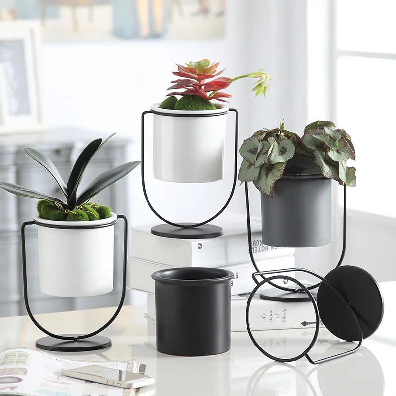 

Nordic ceramic flower pots Simple creative flower pots iron frame plant stand, 4colors
