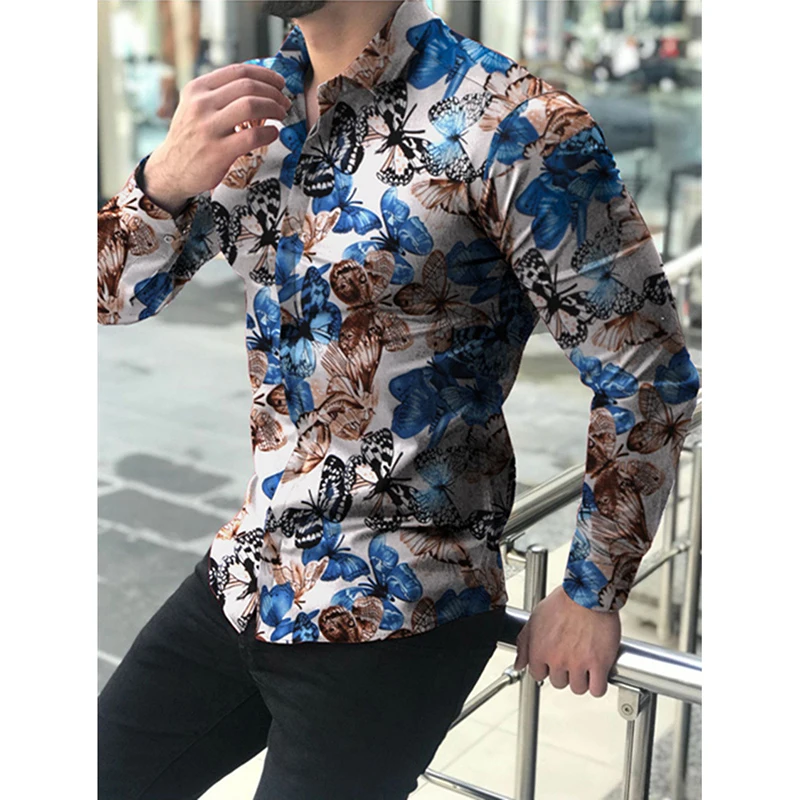 

Men's Butterfly print Slim Fit Long Sleeve Europe Size Breathable casual streetwear Shirts, Custom color