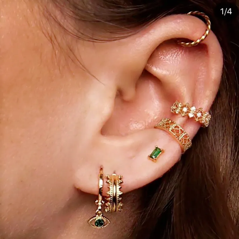 

Fine Jewelry Metal Ear Cuff Emerald Rectangle Zircon Stud Devil Eye Enamel Earring Set For Women