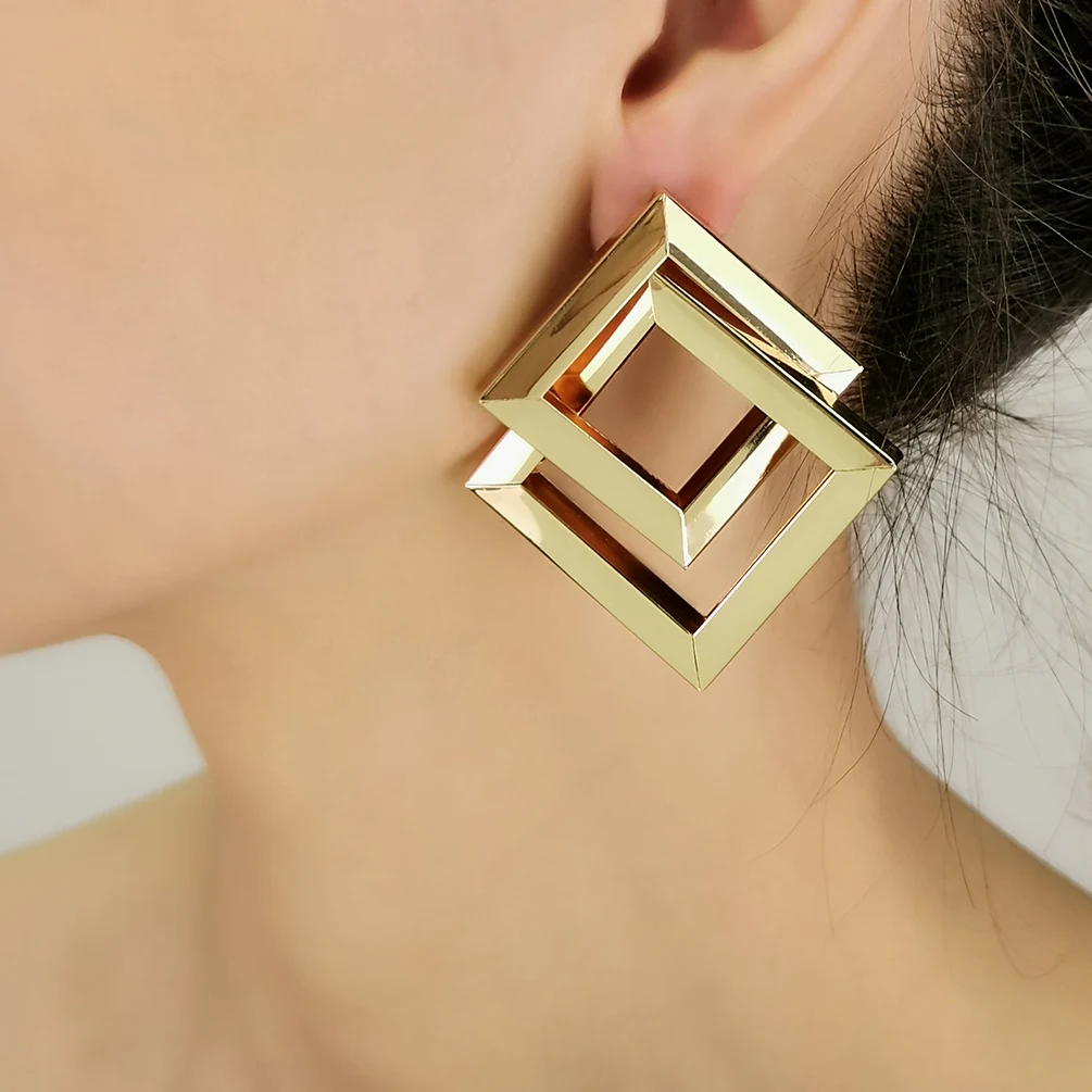 

High Quality Minimalist Jewelry Gold Plated Alloy Geometry Double Square Stud Earring for Women