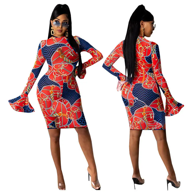 

21025-MX5 The Vintage red printed mid bodycon ladies dress sehe fashion