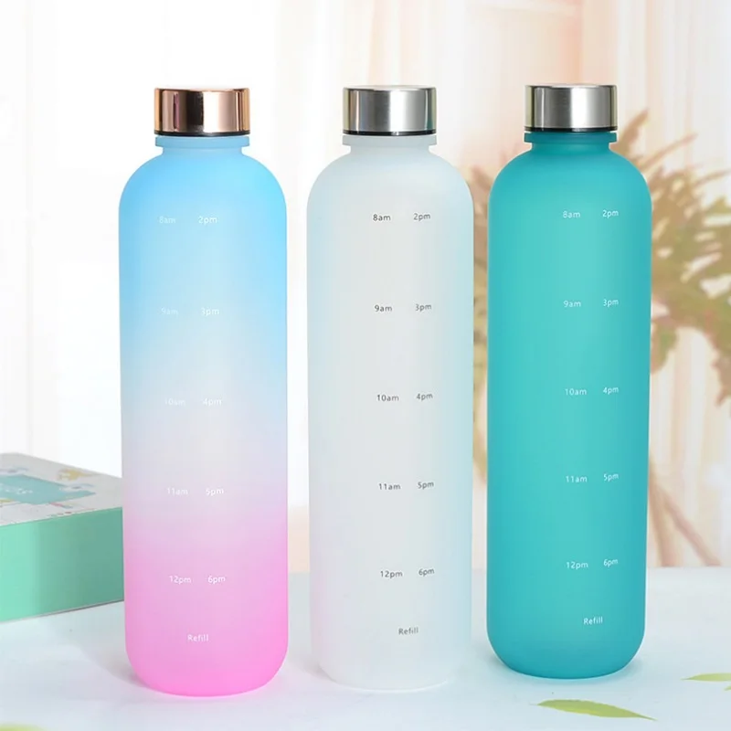 

Wholesale Eco Friendly 1000ml/32oz Glass Bottles Gradient Frosted Drinking Water Bottle with Time Marker