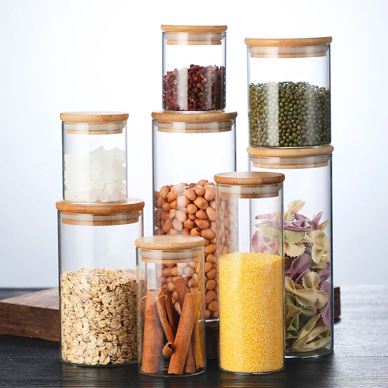 

Multiple size kitchen storage glass jar with bamboo wood lid glass container with lid