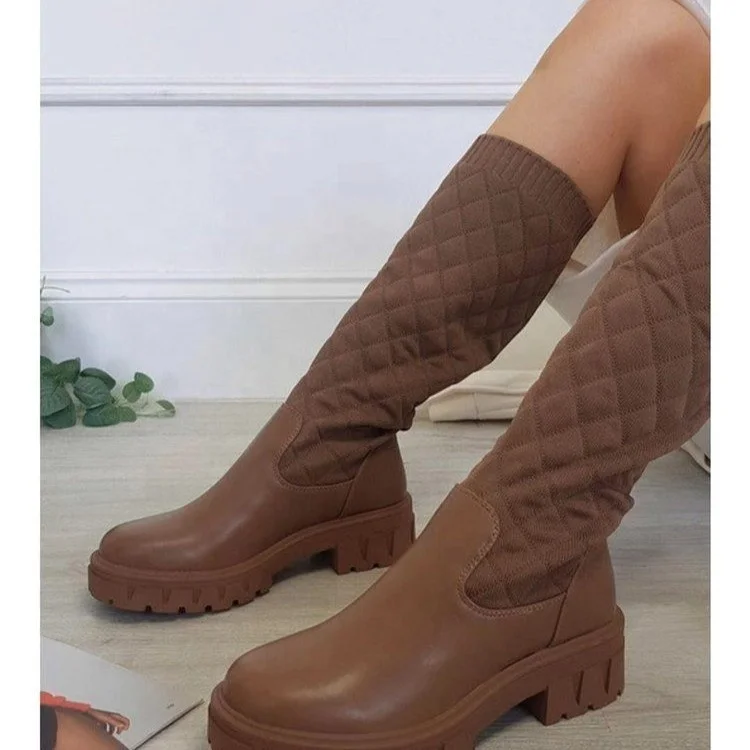 

2021 Autumn Women Boots Shoes Ankle Winter Comfortable Brown Elastic Sock Platform Knee Length Boots, Brown, black, beige