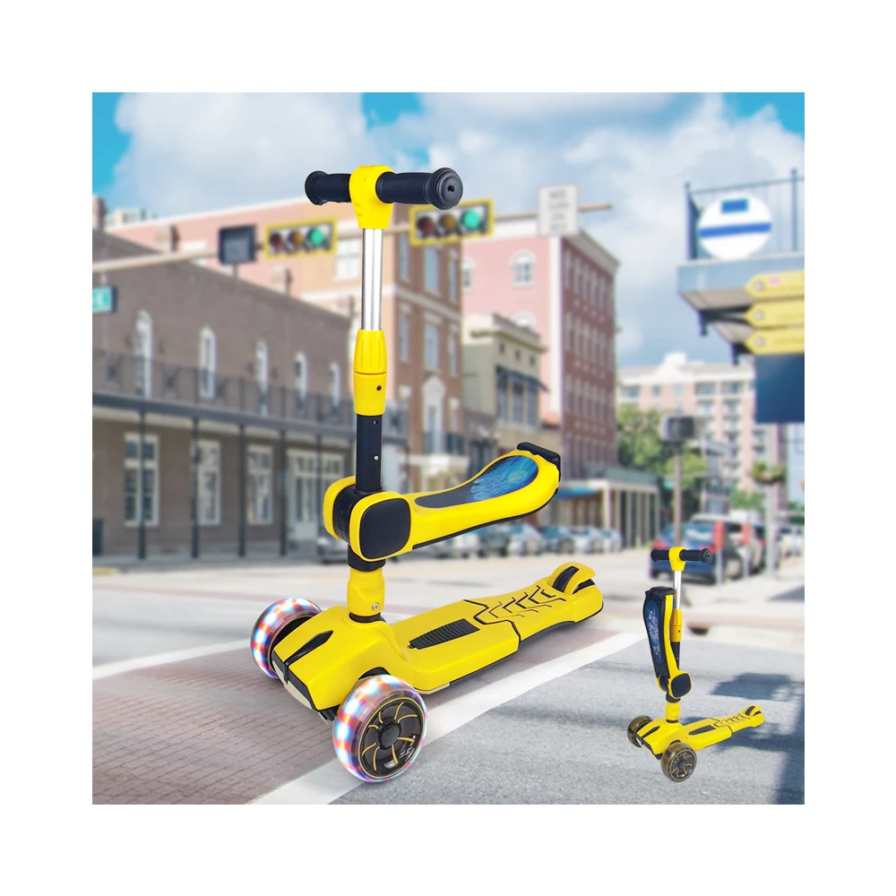 

Durable PU flashing 3 wheel Foldable aluminium alloy T-bar Kids safely Scooter with seat