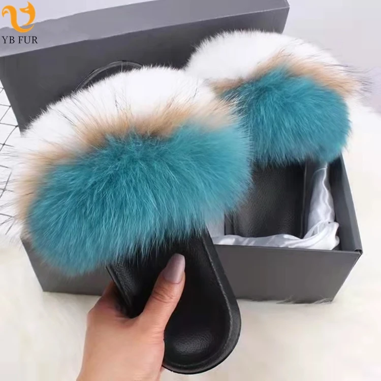 

Custom logo fluffy real fox raccoon fur sandals slippers furry fur slides for women, Customized color