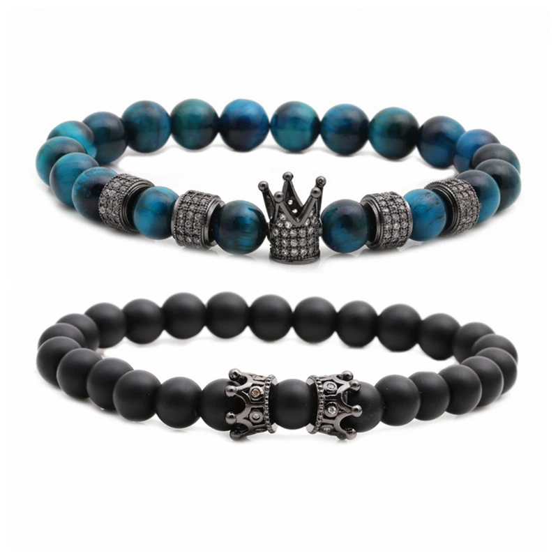

Wholesale 2pcs/set handmade luxury tiger eye natural stone beaded charms crown bracelet men diy cross bracelet, Picture