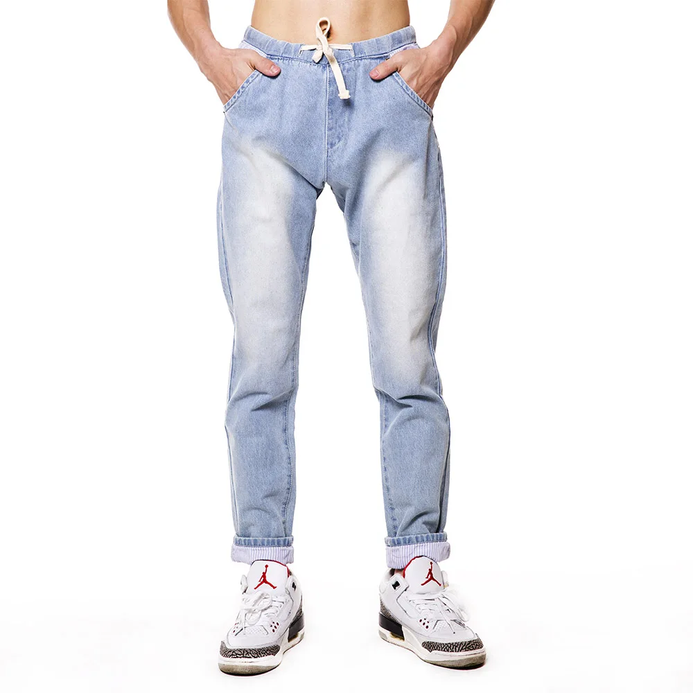 

Men's Jeans Purple Wind Light Blue Tapered Slim Fit Elastic Waist Band Men Jeans/mens loose fit jeans